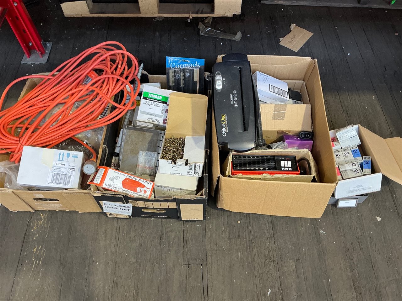 Quantity of Shed Sundries ,Ext Cord  Screws , Paper Shreddar , Chain Saw Sharpener