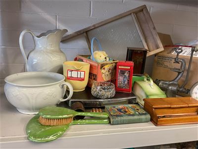 Eclectic Collection, Scrubbing Board, Mincer, Goes Under, Money Boxes, Timber Desk Set, Jugs Etc Thumbnail
