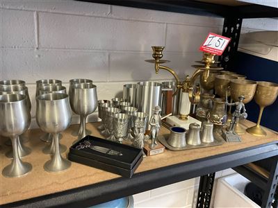 Pewter Wine Goblets And Beer Mugs, Brass Goblets, Salt And Pepper Set And Candlearbre Thumbnail