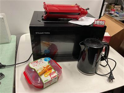 Russell Hobbs Microwave 900 Watts, 51 Cm Wide X 30 Cm High X 36 Cm Deep, Decor Egg Poacher, Contempo Kettle And Churros Maker Plus Instructions, Untested, "Sold As Is" Thumbnail