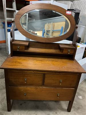 Vintage Dressing Table, Timber With 2. Small And 1 Large Drawer, Oval Mirror, 150 Cm High X 107 Cm Wide X 51 Cm Deep Thumbnail
