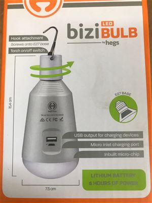 Quantity of 50 Bizi LED Bulbs Smart Blackout Bulb - Can Be Used As A Torch ES27-154mm Cool White Inbuilt Backup Battery 2600 mAh 560 Lumen Light Mobile/Tablet Charger Via USB Output Port Micro Inlet Charging Port Comes with USB Cord Hook Attachment with Torch Switch New In Box Thumbnail
