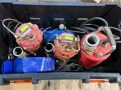 Box of Used Submersible Water Pumps - Quantity of 2 @ 50 mm , 1 @ 50 mm Pump with Float Switch with Quantity of Life Flat Hose - From Operating Environment - Sold as is Thumbnail