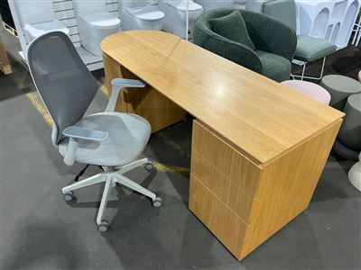 Oak Style Veneer Desk, Three Drawers, Chair with Arms Thumbnail