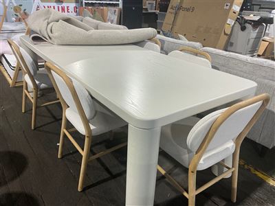 Timber Dining Table with Timber Legs, 6 x Chairs Cream Fabric Seats 2400 x 1000 Thumbnail