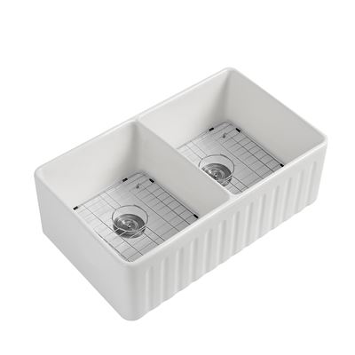 Fine Fireclay Kitchen Sink Reversible Design, with SS304 Bottom Grid and Strainer Thumbnail