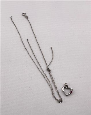 10ct White Gold Ruby & Diamond Heart Pendant with Broken Chain Thumbnail