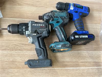 Cordless Drills -18 V - Ferrex & Xu1 with Battery and Makita Tek Driver Gun No B Thumbnail