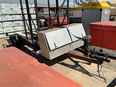 Car Trailer- Single Axle - 50 mm Tow Hitch , Electric Winch -, Hand Winch , Jockey Wheel -Steel Racking Fixed to Trailer , Tray Size 3600 mm long x 1750 mm wide Between Wheel Arches --Flat Tyre - Missing Male Light Plug  -Sold As Is "-Note - Sold Unregistered - No Plates - No VIN Number " - Found and Recovered Trailer - Sold For Parts or Off Road Use - Note - May Not Be Suitable to Re Register - ( Buyer to Arrnage Uplift and Removal From Woodville ) Thumbnail