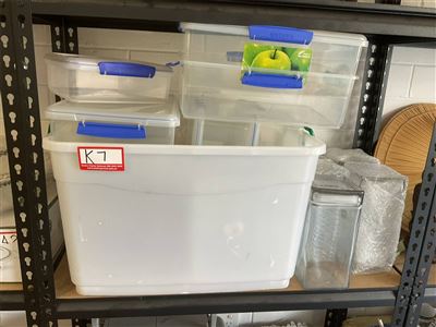 Container Full Of 9 Plastic Containers Plus 5 Glass Rectangular Canisters Thumbnail
