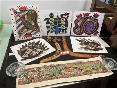 Assorted Indigenous Items, Paintings, Boomerangs Etc Thumbnail