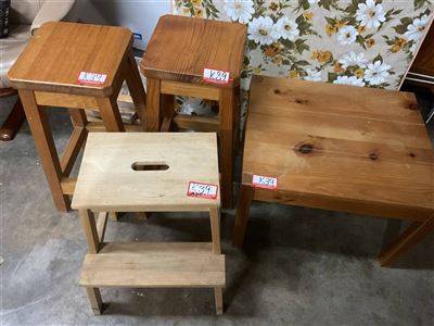 2 Timber Bar Stools, Coffee Table And Step Stool, Table 60 Cm X 50 Cm X 42 Cm High, Stools 63 Cm High Thumbnail