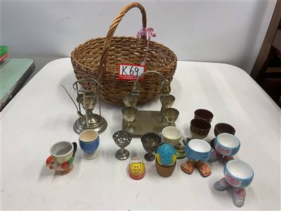Basket Of Egg Cups, China, EPNS, Timber And Stoneware Thumbnail