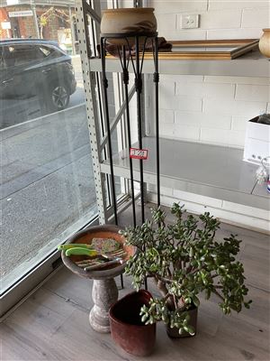 Concrete Bird Bath, Tools, Jade Plant And Stand Thumbnail