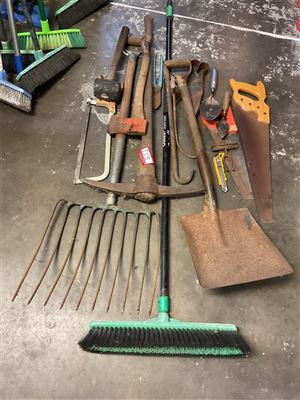 Assorted Tools, Large Shovel, Pick Mallet, Hacksaw, Pitchfork Etc Thumbnail