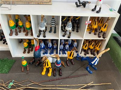 Lot of Approx 40 Carved Timber Ducks, Football Guernsey Colours Thumbnail