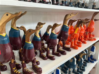 Lot of Approx 20 Carved Timber Ducks, Football Guernsey Colours Thumbnail