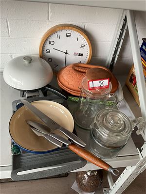 Frypan, Clock, Large Water Jug, Coffee Or Tea Maker, Electric Frypan, Knives And Grill Plate, Untested, "Sold As Is" Thumbnail