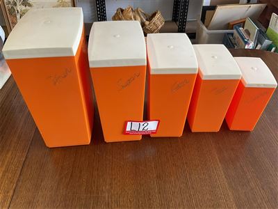 Retro Set Of Orange Canisters Plus Anodised Cups, Scale, Cake Carriers, Tupperware Etc Thumbnail