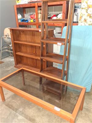 Timber And Glass Coffee Table 134 Cm Long X 60 Cm Wide X 46 Cm High And 5 Tiered Display Shelves 182 Cm High X 50 Cm Wide Thumbnail